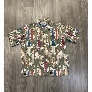 Reyn Spooner Shirt Mens Large Hawaii Aloha Surfboards Surf Palm Trees Button Up